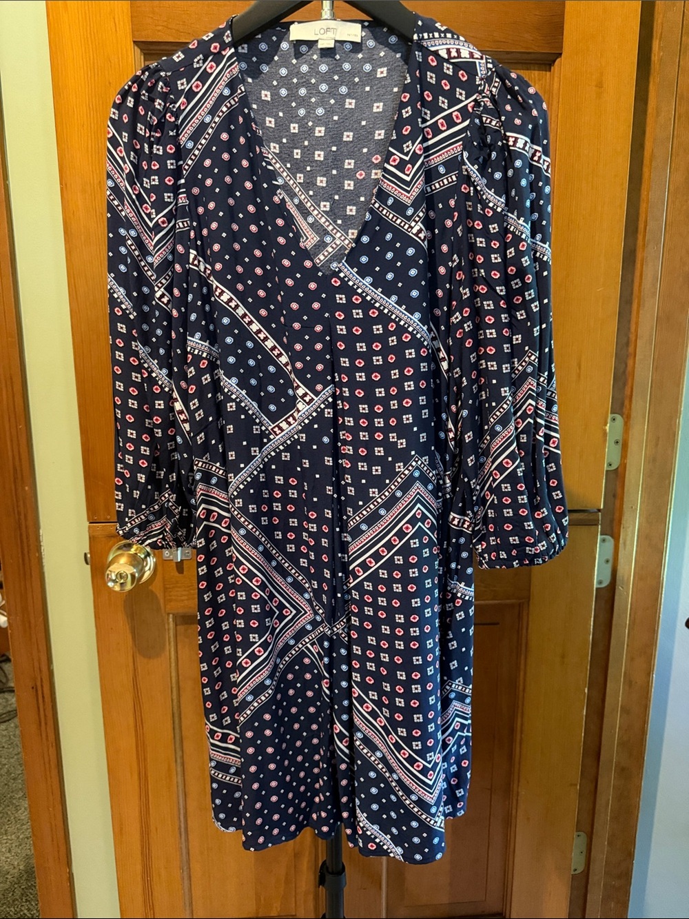 LOFT Navy Geometric Print Mini Dress with Pink Accents
